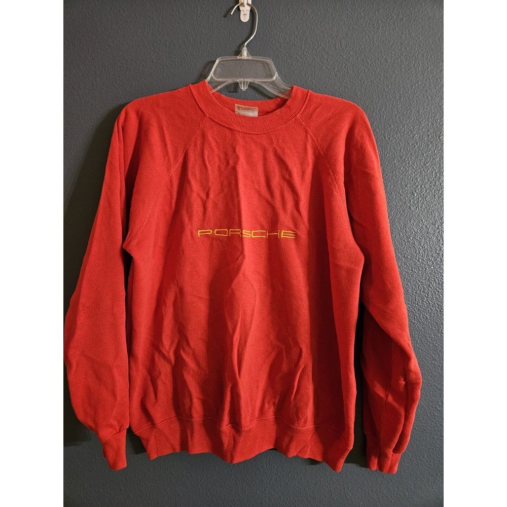 Vintage Red Porsche Crewneck Sweater‎ Yellow Embroidery Large 42-44 Hanes USA